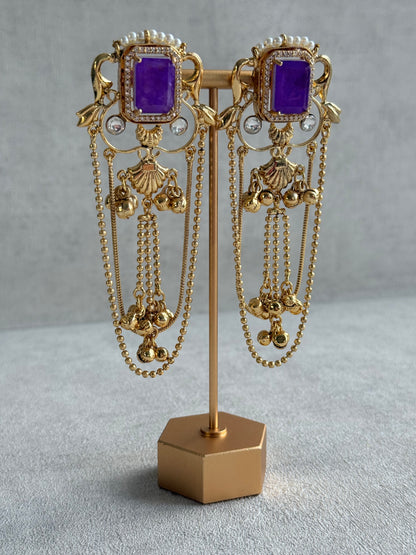 Ayura Designs Jaid Earrings – Royal Purple Floral Motif with Layered Chains & Ghungroos