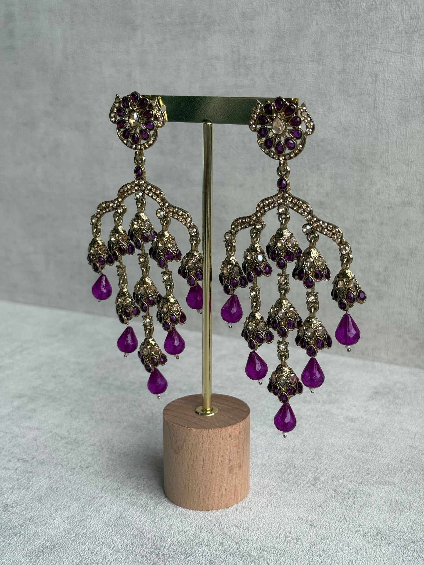 Ayura Designs Jasmine Earrings – Chandelier Earrings with Berry Purple Beads & Antique Gold Finish
