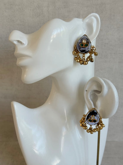 Ayura Designs Aykai Earrings – Smoky Blue Teardrop Stud Earrings with Green Kundan Stones & Gold Ghungroo Drops