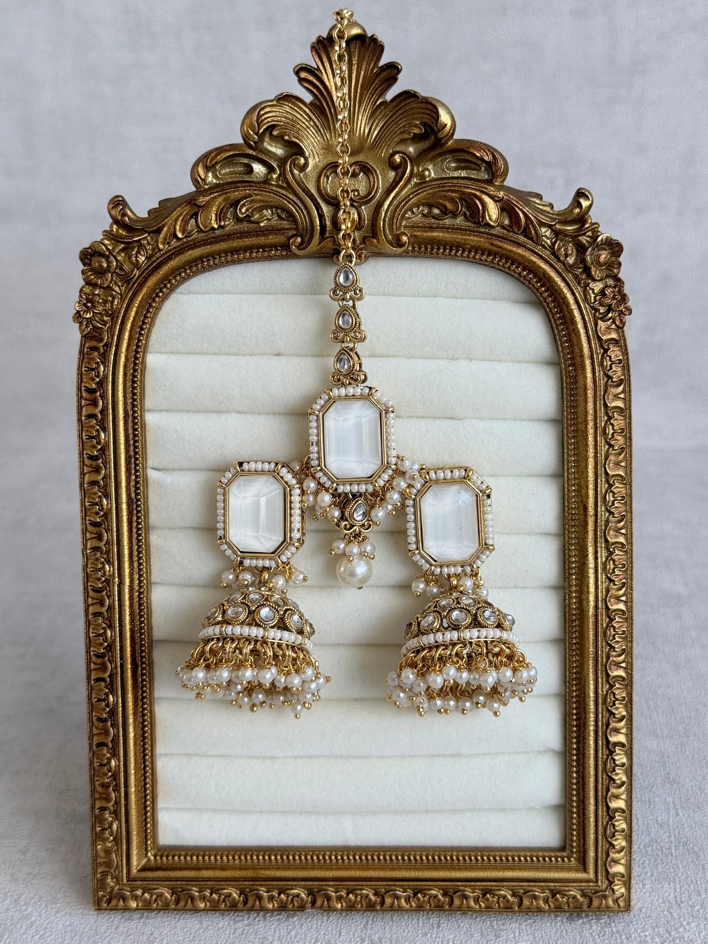 Ayura Designs Heena Tikka Set with Jhumkis – Ivory Stone, Kundan & Pearl Detailing