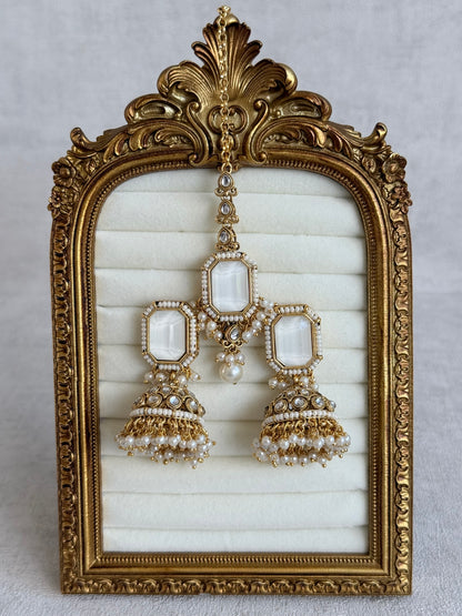 Ayura Designs Heena Tikka Set with Jhumkis – Ivory Stone, Kundan & Pearl Detailing