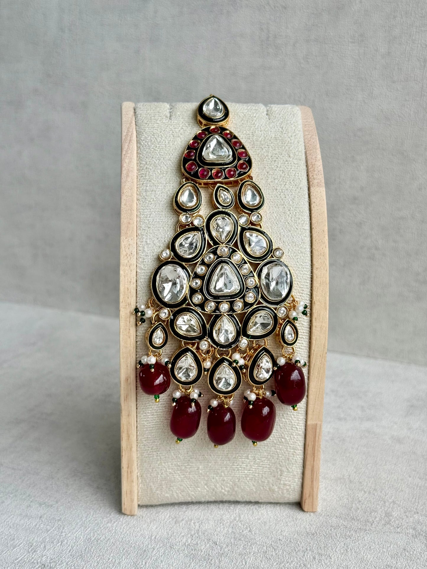 Ayura Designs Salma Jhoomar Passa – Ruby Red Beads with Kundan Stones & Antique Gold Finish