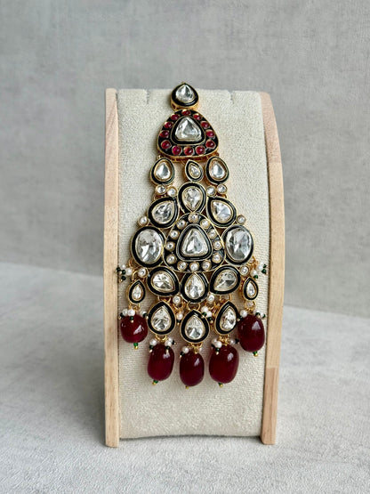 Ayura Designs Salma Jhoomar Passa – Ruby Red Beads with Kundan Stones & Antique Gold Finish
