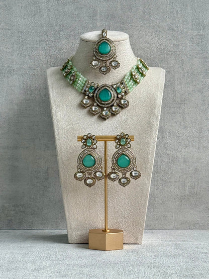Ayura Designs Rahi Set – Mint & Pistachio Green Dual-Tone Stones with Mirror-Cut Detailing & Pearl Strands