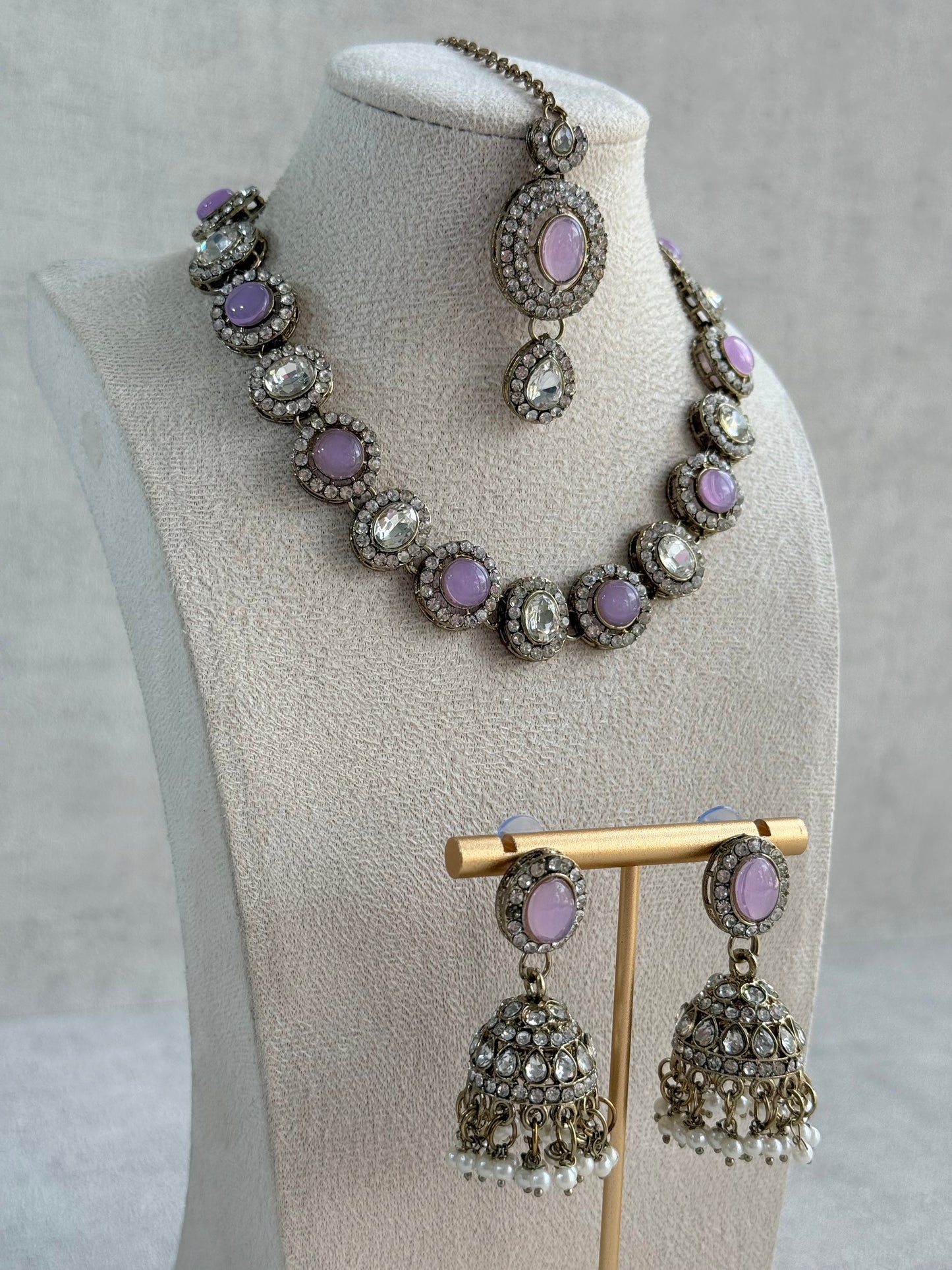 Ayura Designs Eira Necklace Set with Earrings & Tikka – Lilac & Crystal Stones with Antique Gold Finish