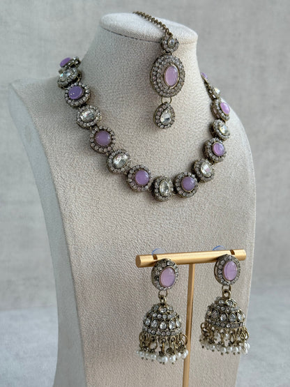 Ayura Designs Eira Necklace Set with Earrings & Tikka – Lilac & Crystal Stones with Antique Gold Finish