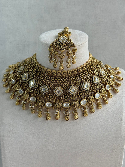 Ayura Designs Ehsaas Bridal Set with Earrings & Tikka – Kundan Stones, Pearls in Antique Gold Finish