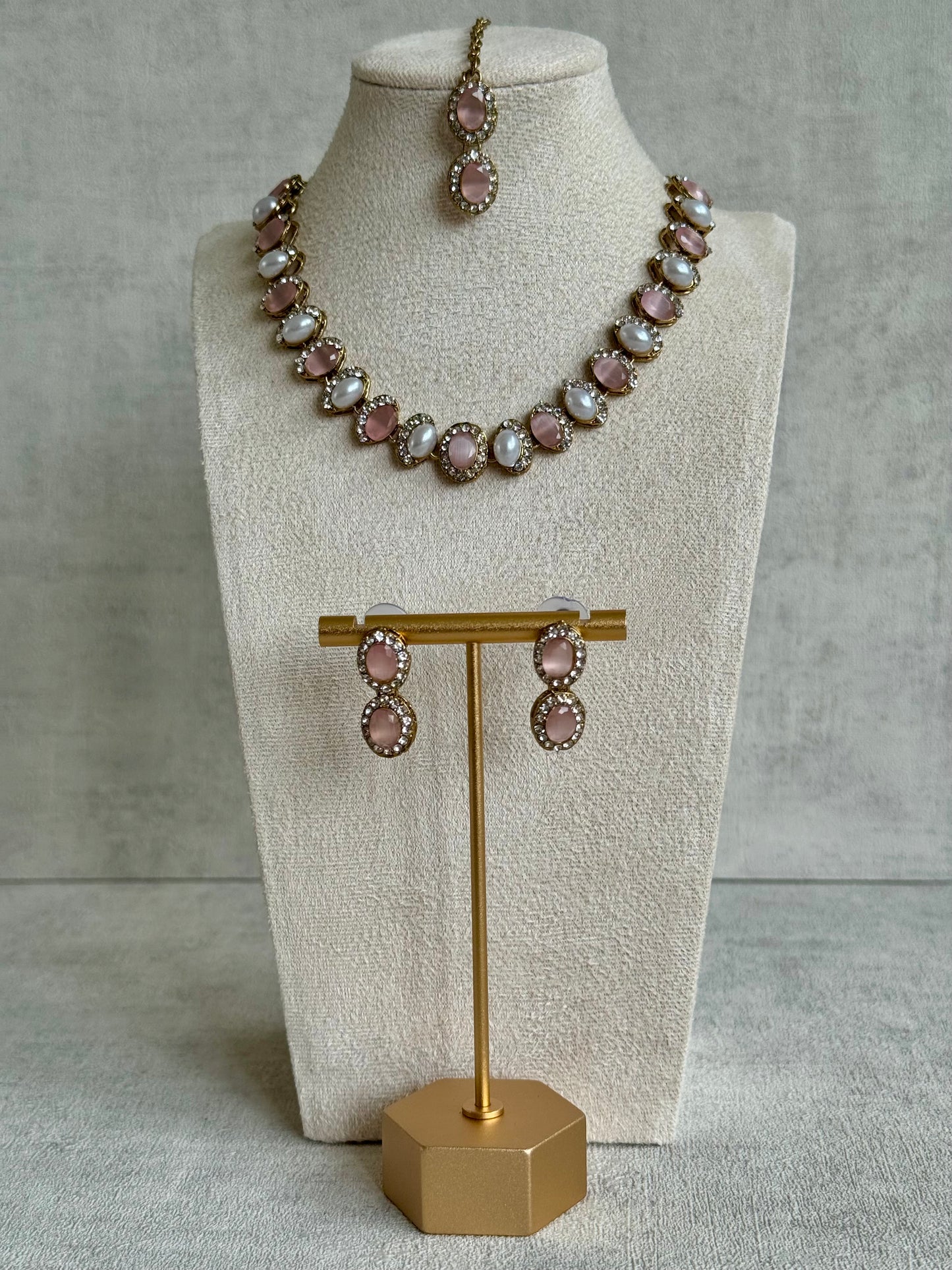 Ayura Designs Eira Set – Necklace, Earrings & Tikka with Blush Pink & Ivory Oval Stones in Antique Gold