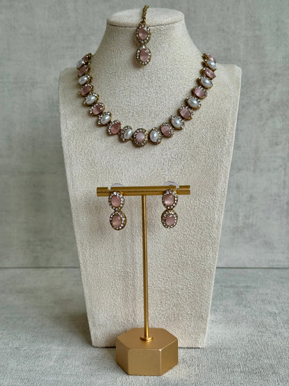 Ayura Designs Eira Set – Necklace, Earrings & Tikka with Blush Pink & Ivory Oval Stones in Antique Gold