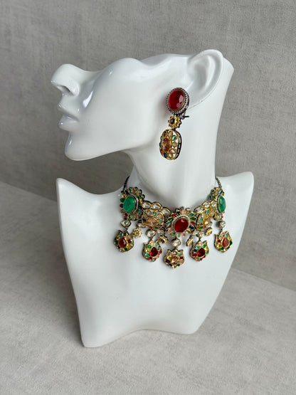 Ayura Designs Verity Choker Set with Earrings – Multicolour Stones, Crystal Accents & Antique Silver Finish