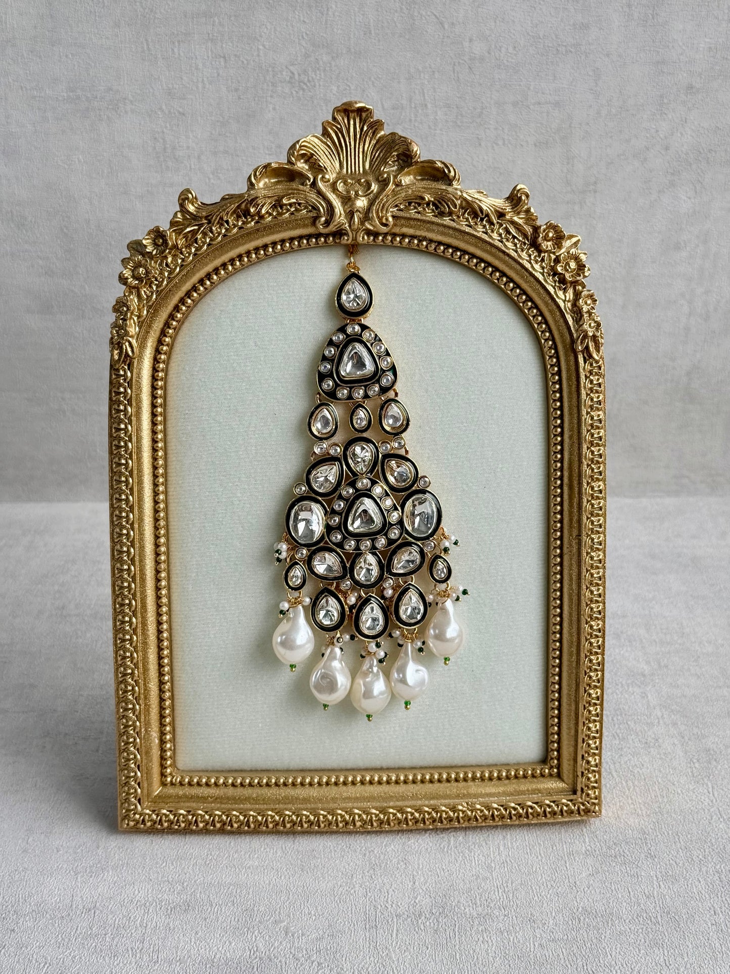 Ayura Designs Salma Jhoomar Passa – Kundan Teardrop Stones with Baroque Pearl Drops & Antique Gold Finish