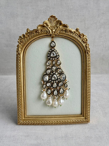 Ayura Designs Salma Jhoomar Passa – Kundan Teardrop Stones with Baroque Pearl Drops & Antique Gold Finish