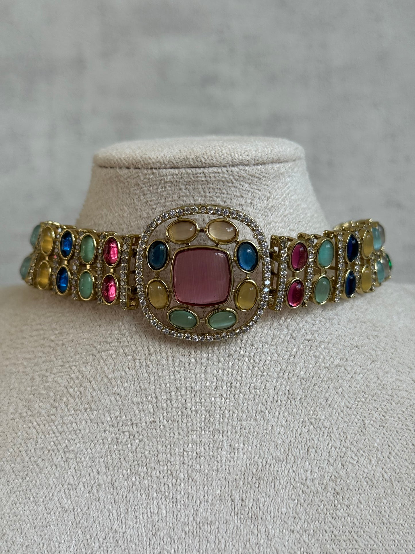 Ayura Designs Kiara Choker Set with Stud Earrings – Multicolour Stones, Moissanite Brilliance & Antique Gold Finish