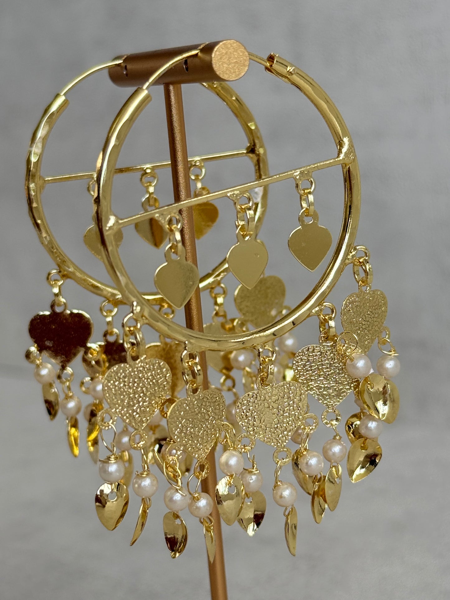 Ayura Designs Dilkash Balis – Gold Pipal Patti Heart Charm Hoop Earrings