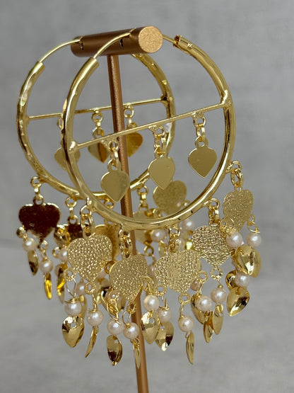 Ayura Designs Dilkash Balis – Gold Pipal Patti Heart Charm Hoop Earrings