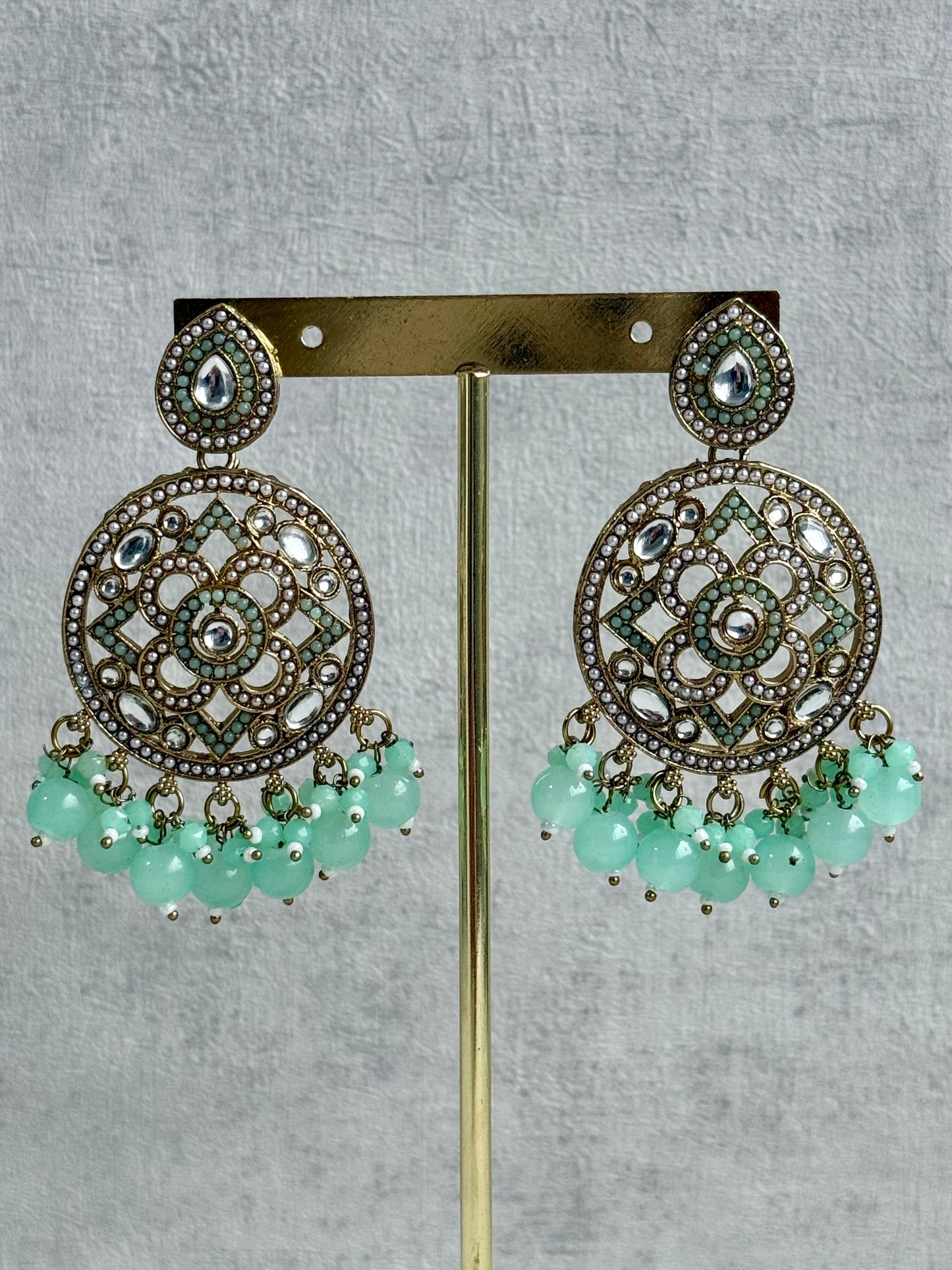Ayura is Designs Tanya Bridal Set with Necklace, Earrings & Tikka – Pistachio Mint Beads, Mirror-Cut Stones and Antique Gold Finish