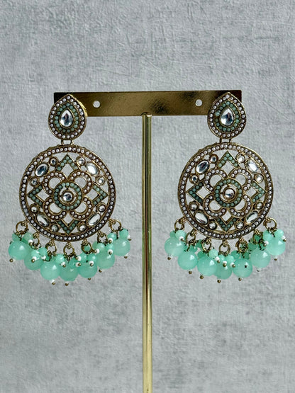 Ayura is Designs Tanya Bridal Set with Necklace, Earrings & Tikka – Pistachio Mint Beads, Mirror-Cut Stones and Antique Gold Finish