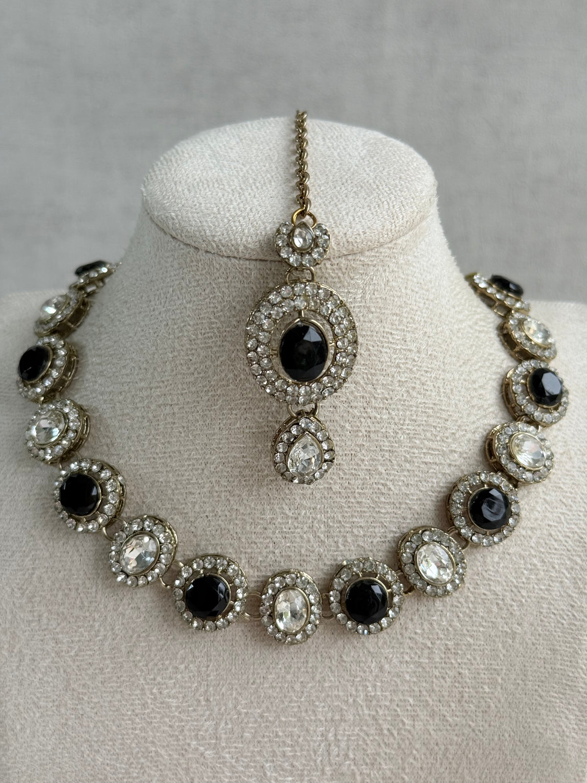 Ayura Designs Eira Necklace Set with Earrings & Tikka – Black & Crystal Stones with Antique Gold Finish
