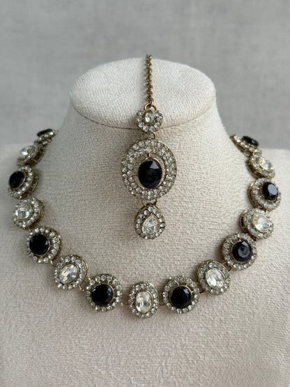 Ayura Designs Eira Necklace Set with Earrings & Tikka – Black & Crystal Stones with Antique Gold Finish
