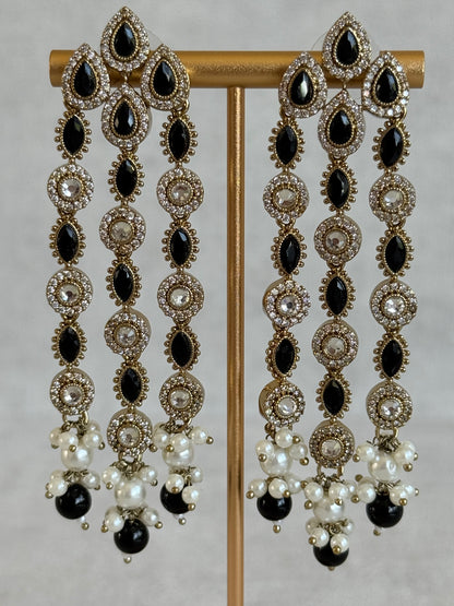 Ayura Designs Emilia Earrings – Gold Triple Strand Statement Earrings with Black Stones & Pearl Drops