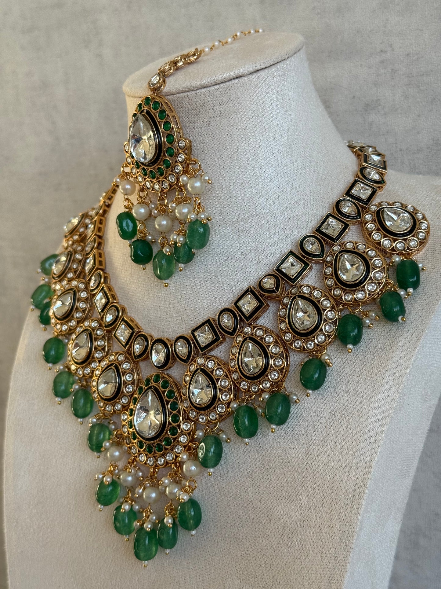 Ayura Designs Ishyat Set with Necklace, Earrings & Tikka – Kundan Detailing, Emerald Green Bead Drops