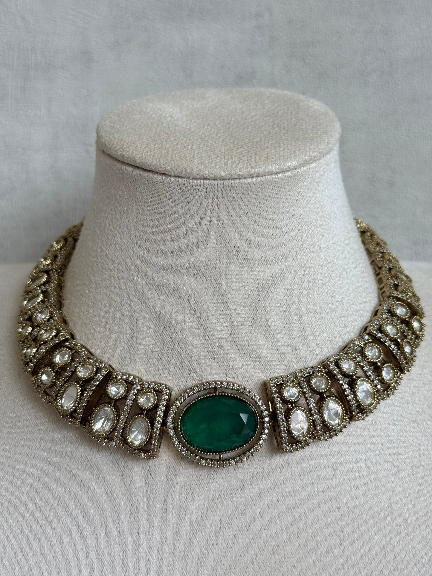 Ayura Designs Sadie Necklace Set with Earrings – Emerald Green Centre Stone, Moissanite Style Stones & Crystal Halo Detailing