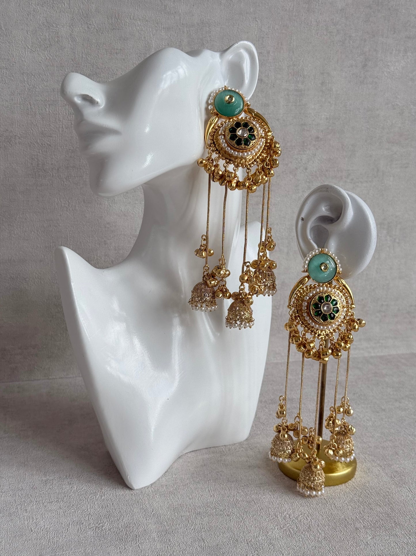 Ayura Designs Shagan Earrings – Mint Green Statement Earrings with Multi Jhumki Drops, Pearl Detailing & Ghungroo Accents