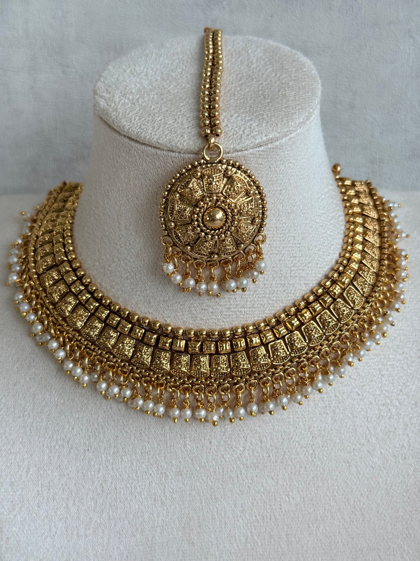 Ayura Designs Iksirat Necklace Set with Jhumkis & Tikka – Gold Heritage Design with Pearl Detailing