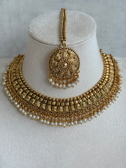 Ayura Designs Iksirat Necklace Set with Jhumkis & Tikka – Gold Heritage Design with Pearl Detailing