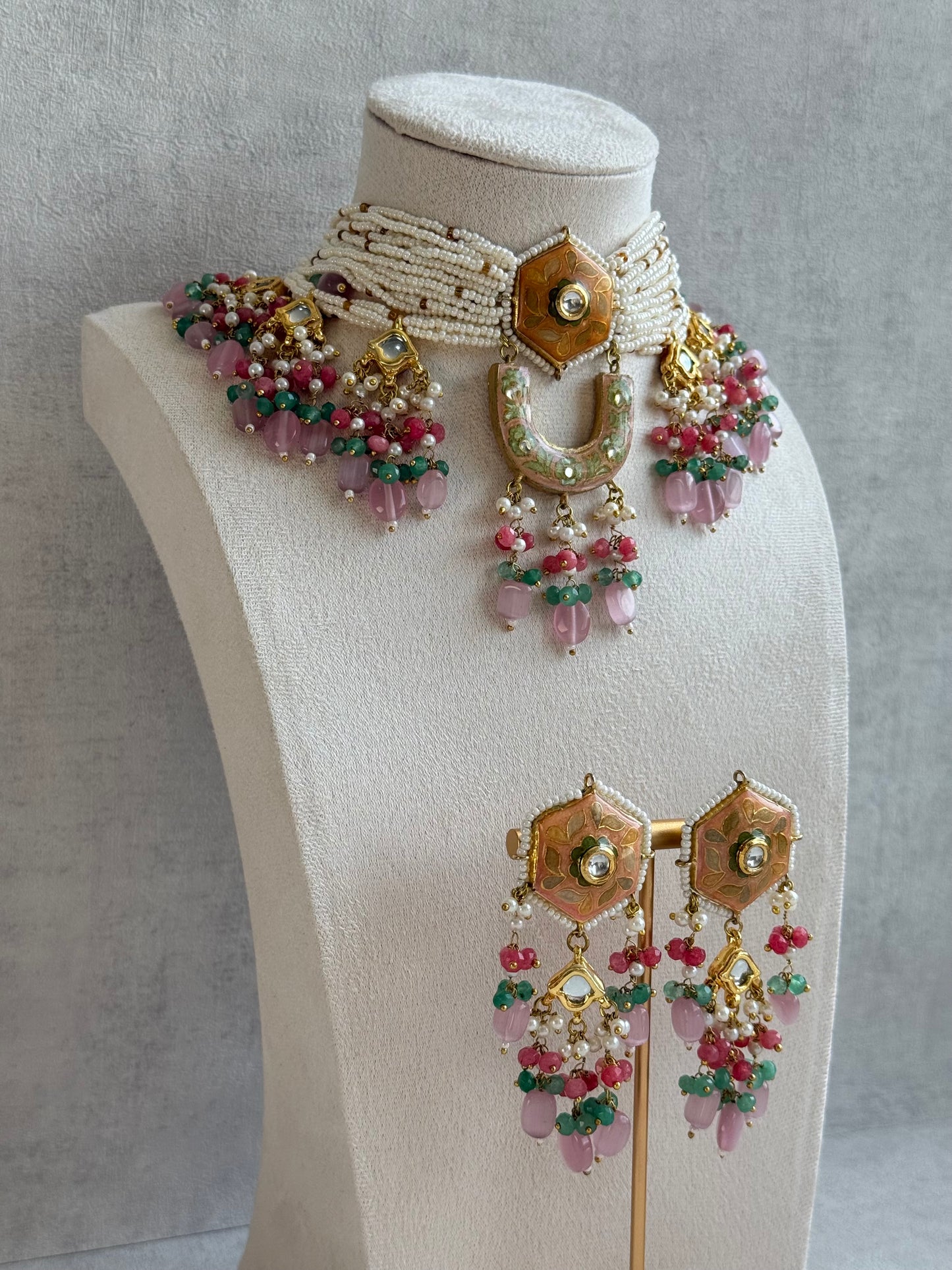 Ayura Designs Elizaar Meenakari Kundan Choker Set with Earrings – Blush Pink & Emerald Green Bead Detailing