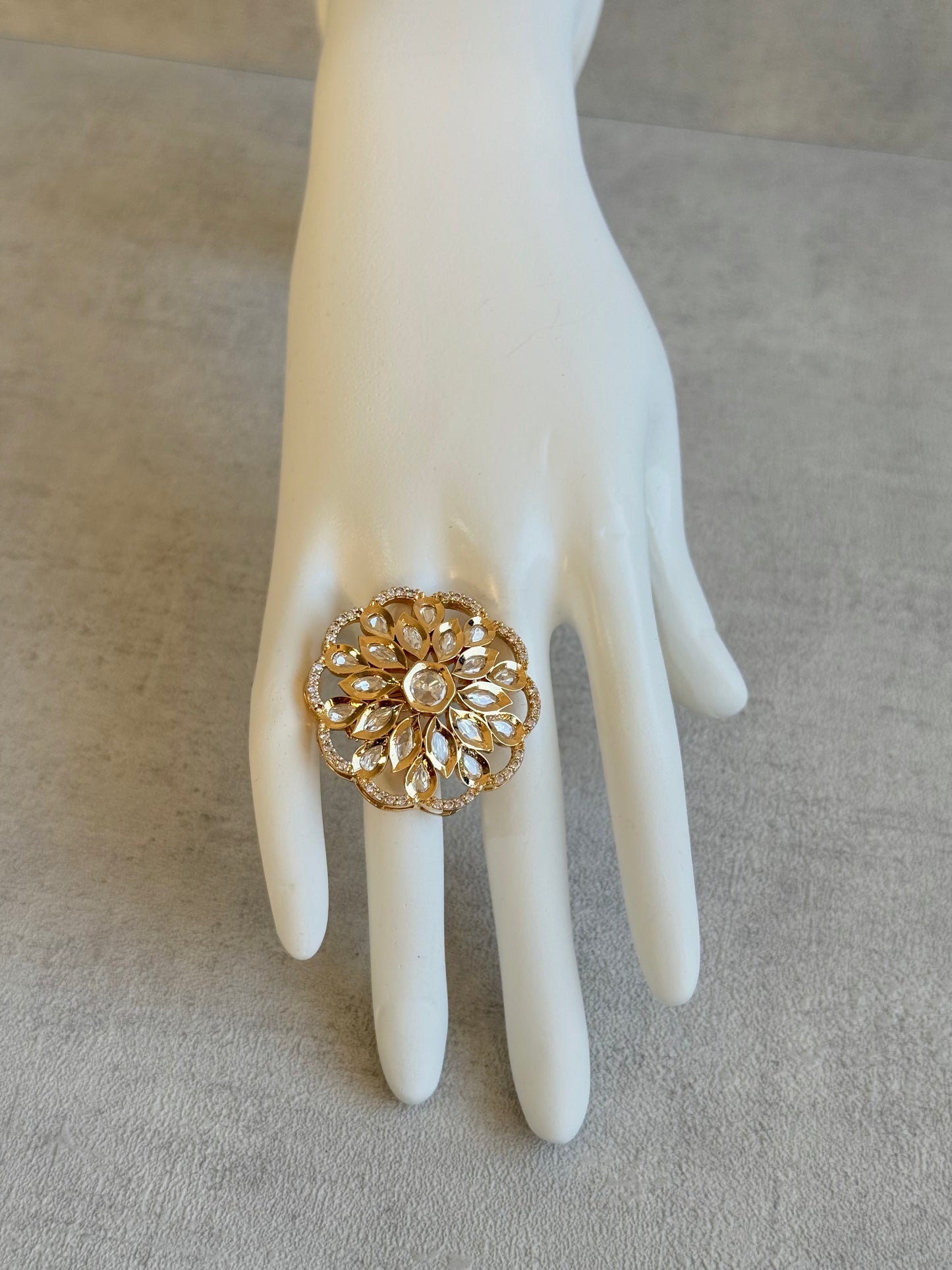 Ayura Designs Elisa Adjustable Ring – Moissanite Floral Ring with Clear Crystal Centre & Crystal Border