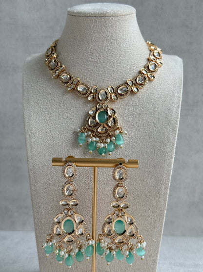 Ayura Designs Edina Necklace Set with Earrings – Kundan, Mint Green Stones & Pearl Detailing