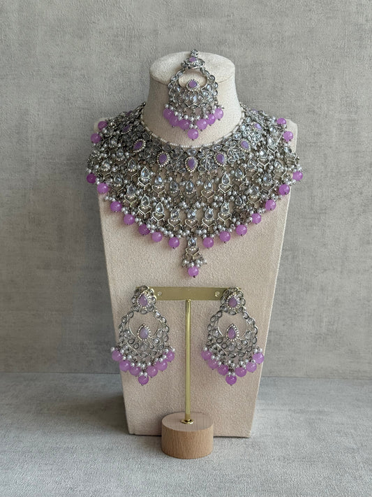 Ayura Designs Eknoor Set – Necklace, Tikka & Earrings with Lavender Beads, Pearls and Silver Finish