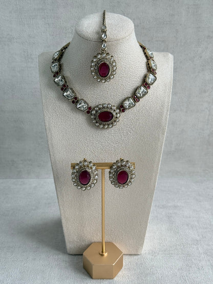 Ayura Designs Inza Necklace Set – Rani Pink Stones, Kundan & Crystals with Antique Gold Finish