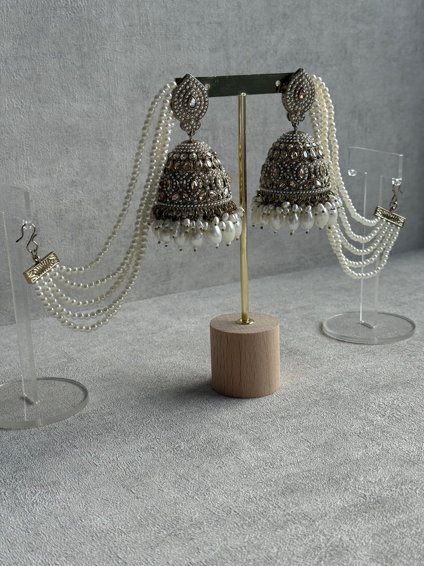 Ayura Designs Amrita Set – Jhumkis with Sahare & Tikka in Ivory Pearls and Antique Gold Finish