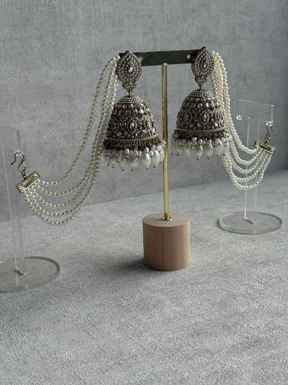 Ayura Designs Amrita Set – Jhumkis with Sahare & Tikka in Ivory Pearls and Antique Gold Finish