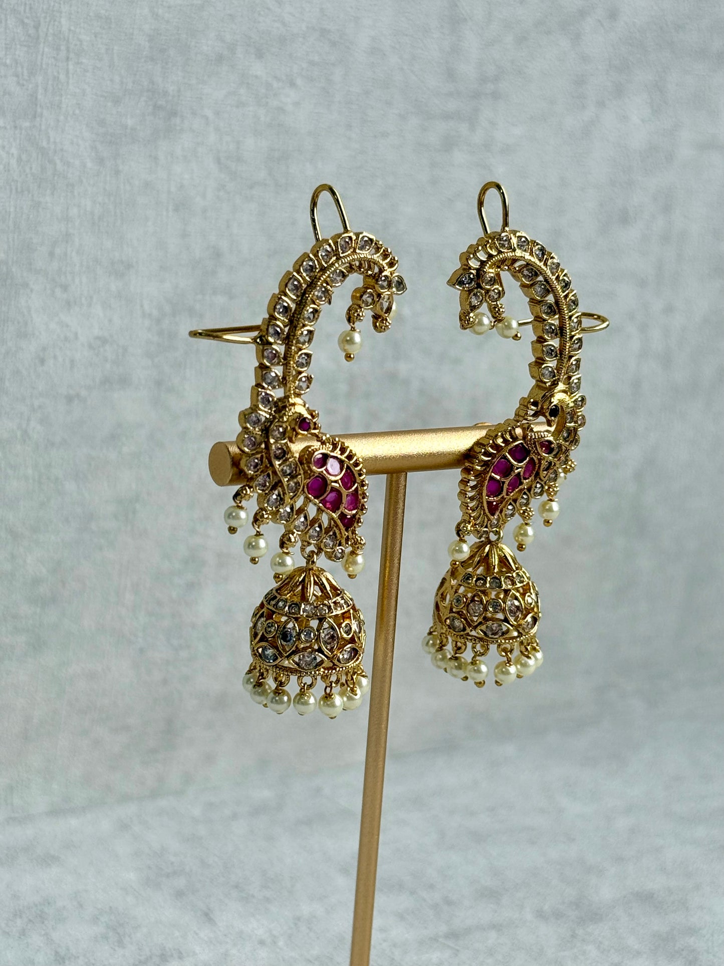 Ayura Designs Padma Earrings – Gold Half Ear Cuffs with Peacock Motif, Pink Stone Accents, Kundan Crystals & Pearl Jhumka Drops