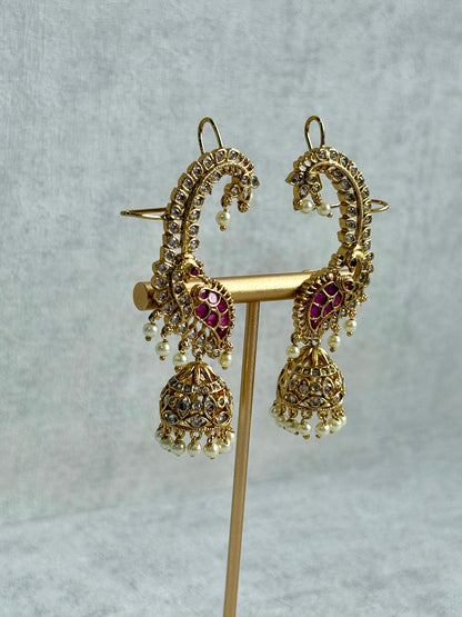 Ayura Designs Padma Earrings – Gold Half Ear Cuffs with Peacock Motif, Pink Stone Accents, Kundan Crystals & Pearl Jhumka Drops