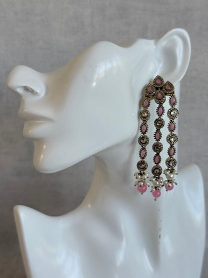 Ayura Designs Emilia Earrings – Gold Triple Strand Statement Earrings with Blush Pink Stones & Pearl Drops