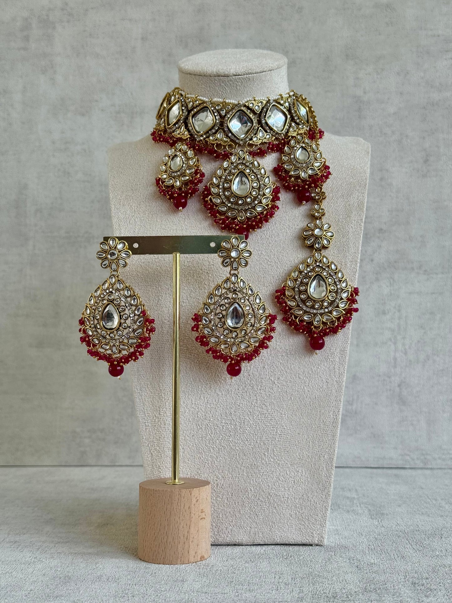 Ayura Designs Kirpa Choker Set with Earrings & Tikka – Ruby Red Beads & Mirror-Cut Stones