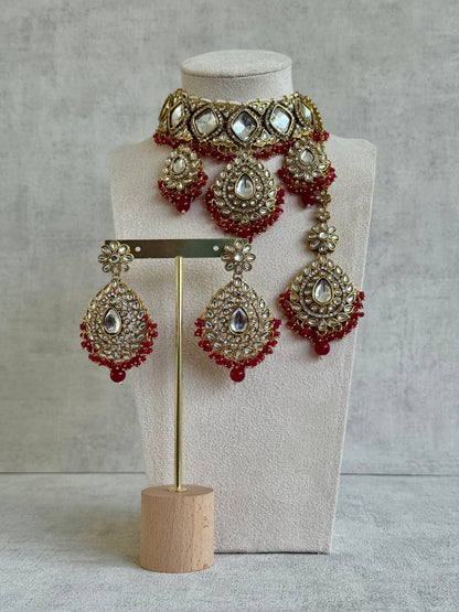 Ayura Designs Kirpa Choker Set with Earrings & Tikka – Ruby Red Beads & Mirror-Cut Stones