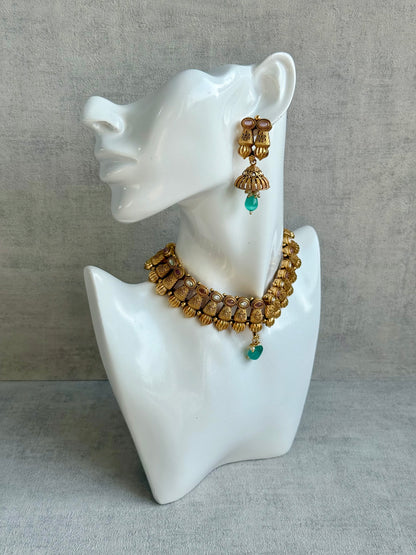 Ayura Designs Aima Necklace Set with Earrings – Antique Gold with Blush Pink & Aqua Green Stones