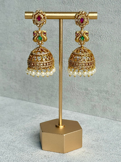 Ayura Designs Darya Jhumkis – Gold Peacock Motif Jhumkis with Ruby Pink, Emerald Green and Pearl Detailing
