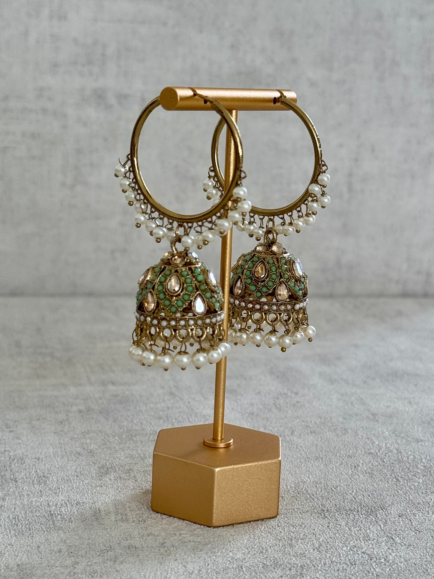 Ayura Designs Jugni Bali Jhumkas – Antique Gold with Pastel Green & Pearl Accents