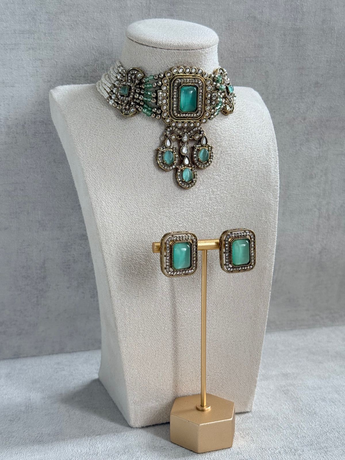 Ayura Designs Nabiha Choker Set with Studs – Aqua Green Stones, Pearl Detailing & Antique Gold Finish