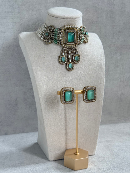 Ayura Designs Nabiha Choker Set with Studs – Aqua Green Stones, Pearl Detailing & Antique Gold Finish