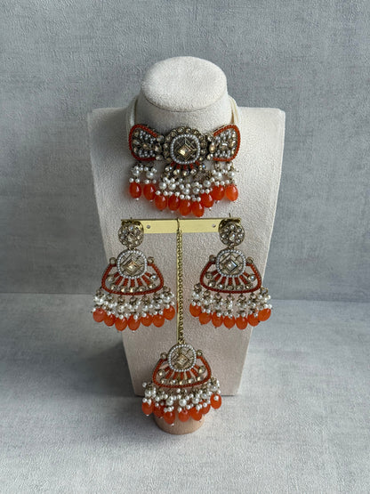 Ayura Designs Qudsia Set with Necklace, Earrings & Tikka – Burnt Orange Stones, Kundan Detailing & Antique Gold Finish