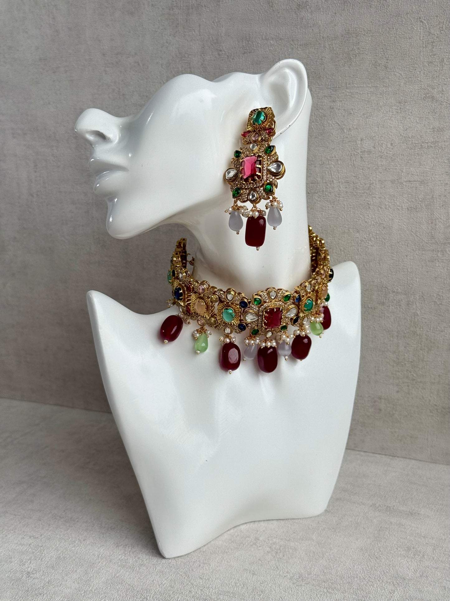 Ayura Designs Hazel Choker Set with Earrings – Multicolour Crystals & Ruby Drop Beads