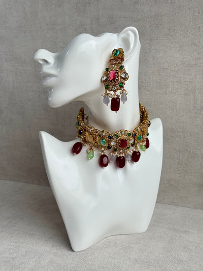 Ayura Designs Hazel Choker Set with Earrings – Multicolour Crystals & Ruby Drop Beads
