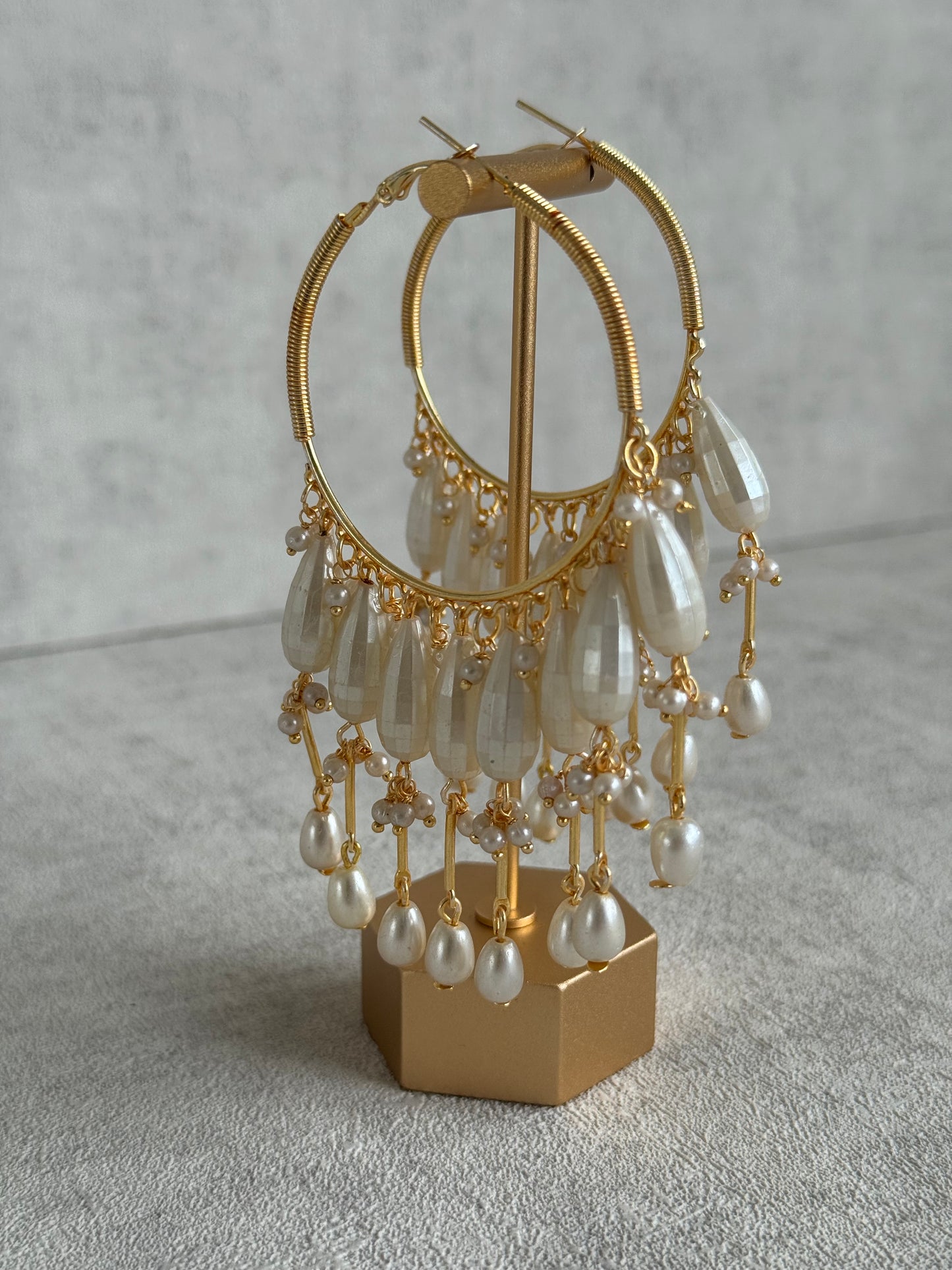 Ayura Designs Emery Balis – Gold Hoop Earrings with Faceted Pearl Drops & Fringe Detailing